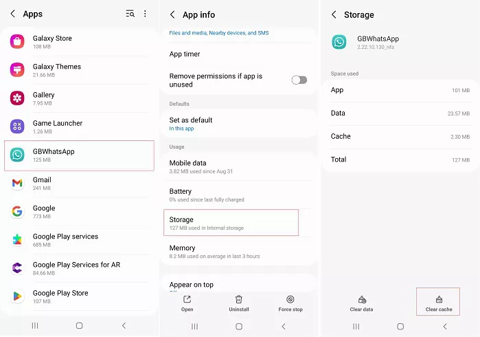 Clear GB WhatsApp cache in Android settings